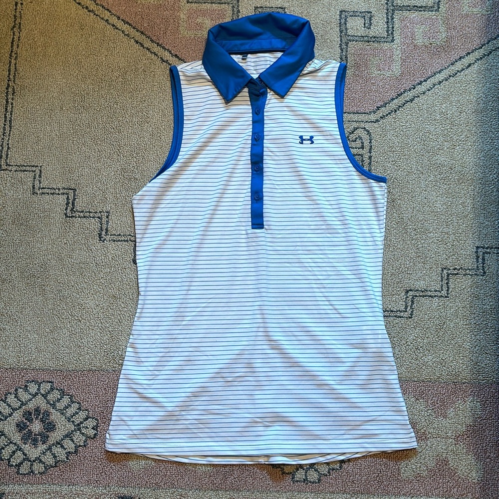 Under Armour sleeveless polo, white with blue stripes, Small, great condition